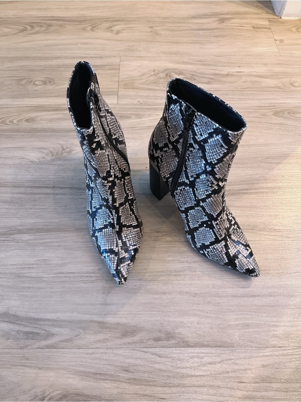 Jeffrey Campbell Black and Cream Snake Python Print Ankle Boots